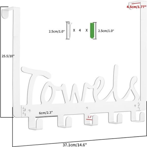Bath Over The Door Towel Rack 5 Hooks Towel Holder Wall Hooks for Robe, Towels - Picture 6 of 6
